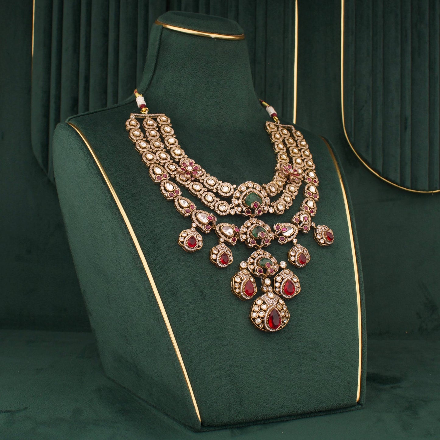 Victorian Ruby Emerald Polki Bridal Statement Necklace Set With Matching Earrings