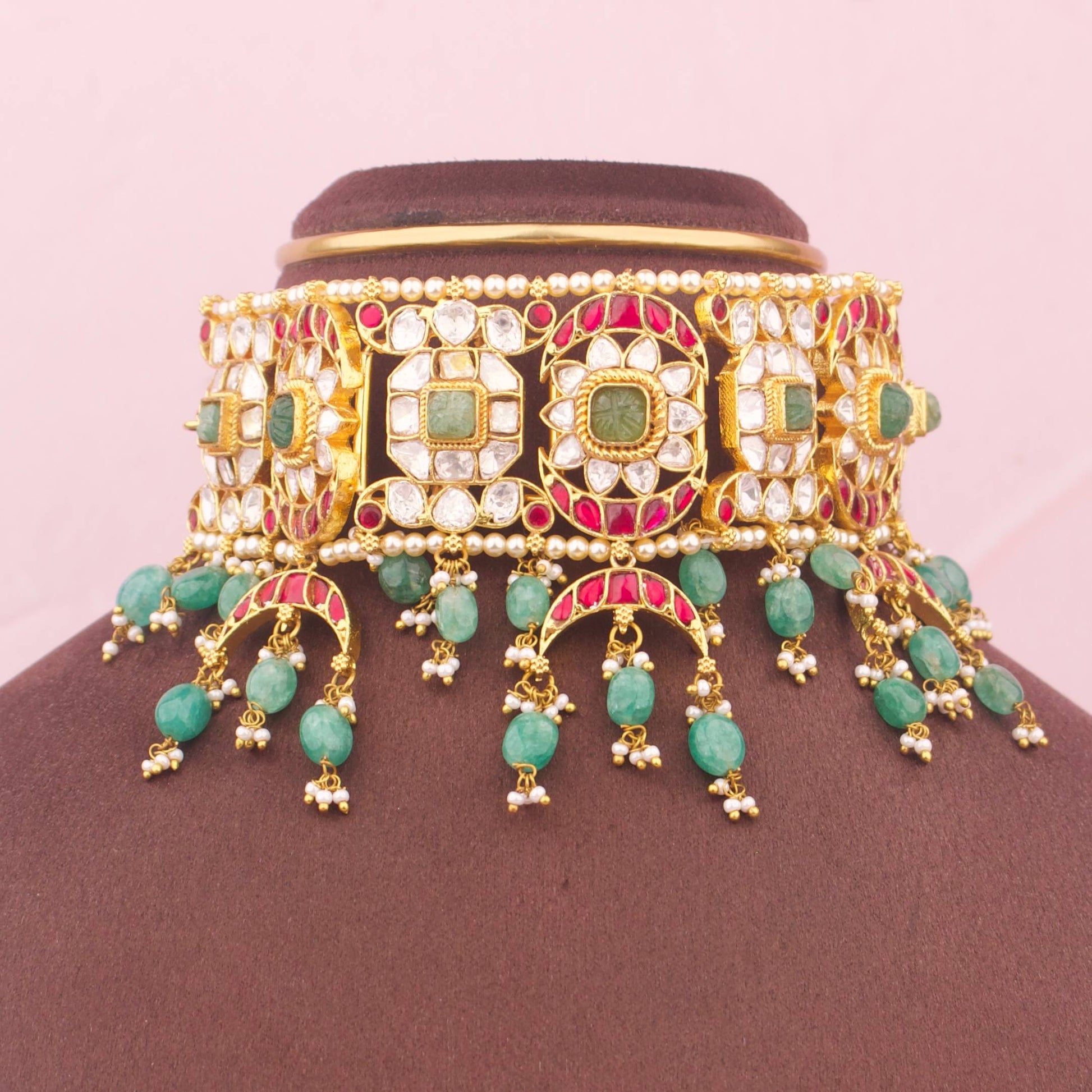 Classic Jadau Kundan Polki Choker With Chand Detailing - Premium Indian Ethnic Jewelry | Dulhan Jewels