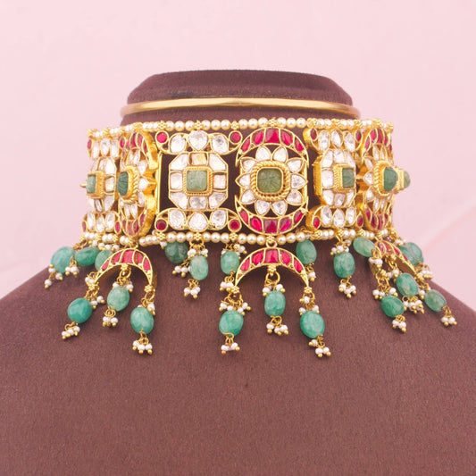 Classic Jadau Kundan Polki Choker With Chand Detailing
