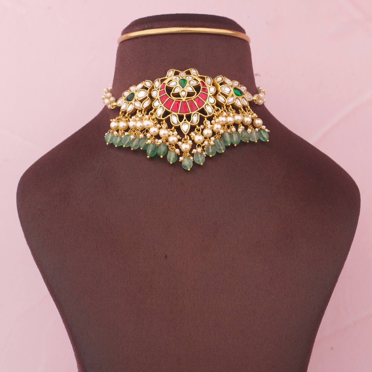 Stunning Jadau Kundan Choker Necklace With Pearl And Green Drop Hangings