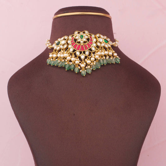 Stunning Jadau Kundan Choker Necklace With Pearl And Green Drop Hangings