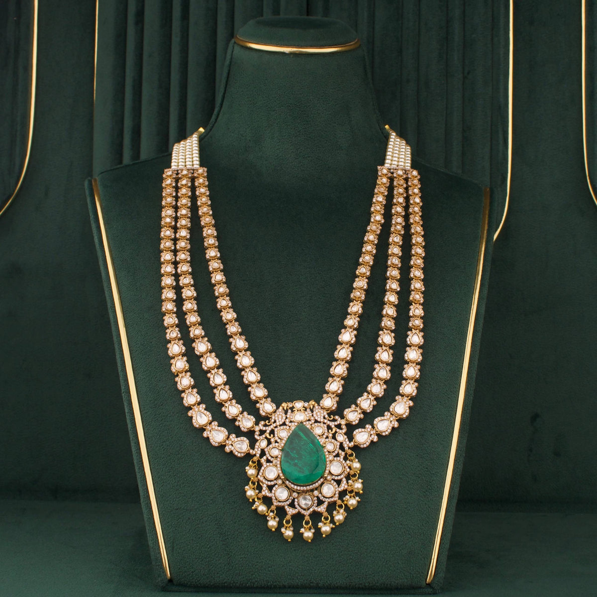 Triple Layer Victorian Emerald Necklace With Matching Earrings