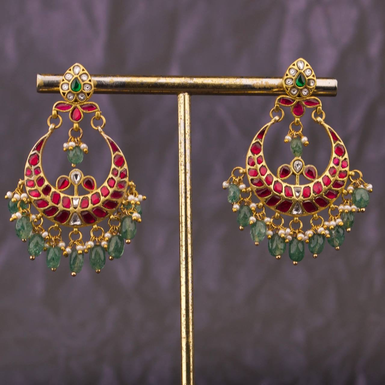 Regal Jadau Kundan Chandbali Earrings With Green Beads