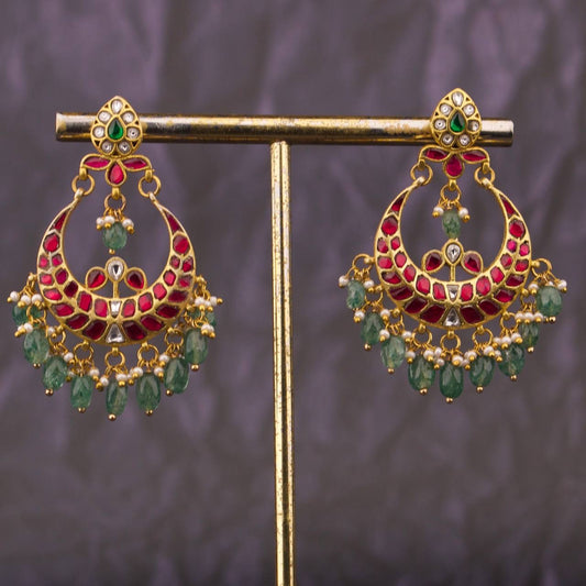 Regal Jadau Kundan Chandbali Earrings With Green Beads