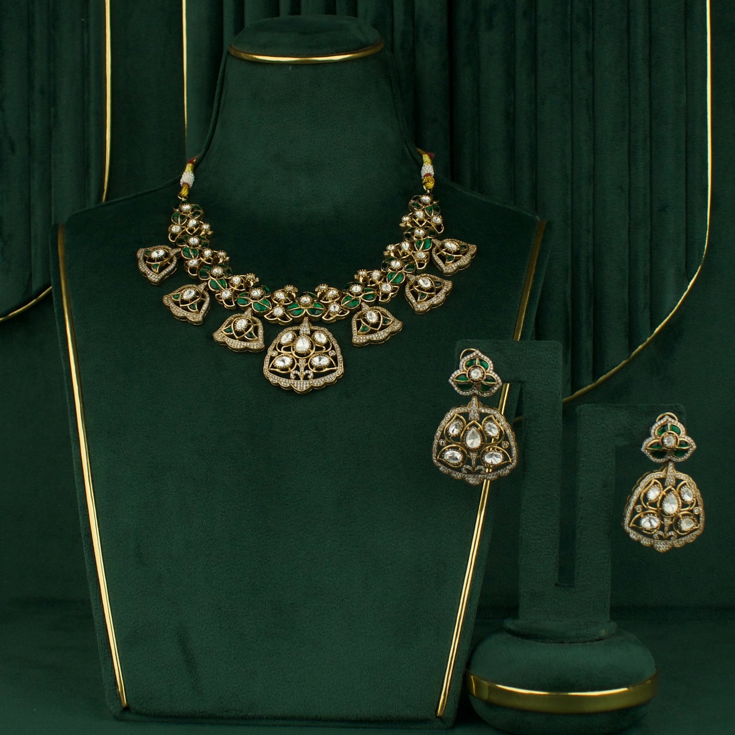 Regal Bells: Victorian Polki Necklace Set with Intricate Detailing