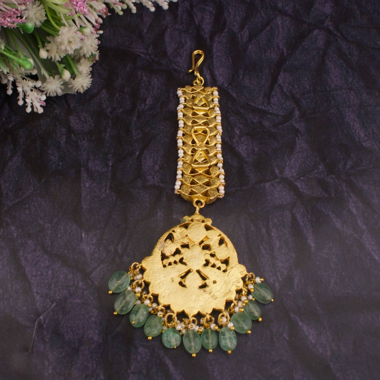 Chand Bali Design Jadau Kundan Bridal Long Maang Tikka with Green Beads