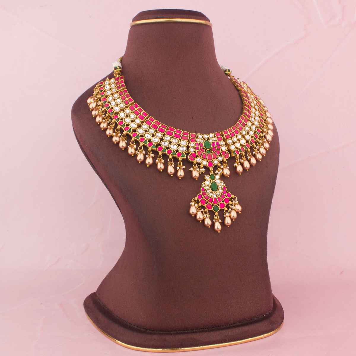 Gold Look Jadau Kundan Necklace With Drops Craftsmanship & Detail View - Dulhan Jewels
