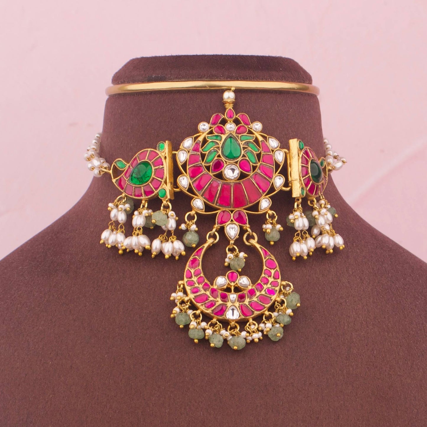 Bridal Jadau Kundan Chand Locket Choker With RicePearl Chain