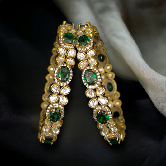 Kundan Polki Victorian finish Bangles in Green colour. This Victorian Jewellery is available in a Green colour variant. 