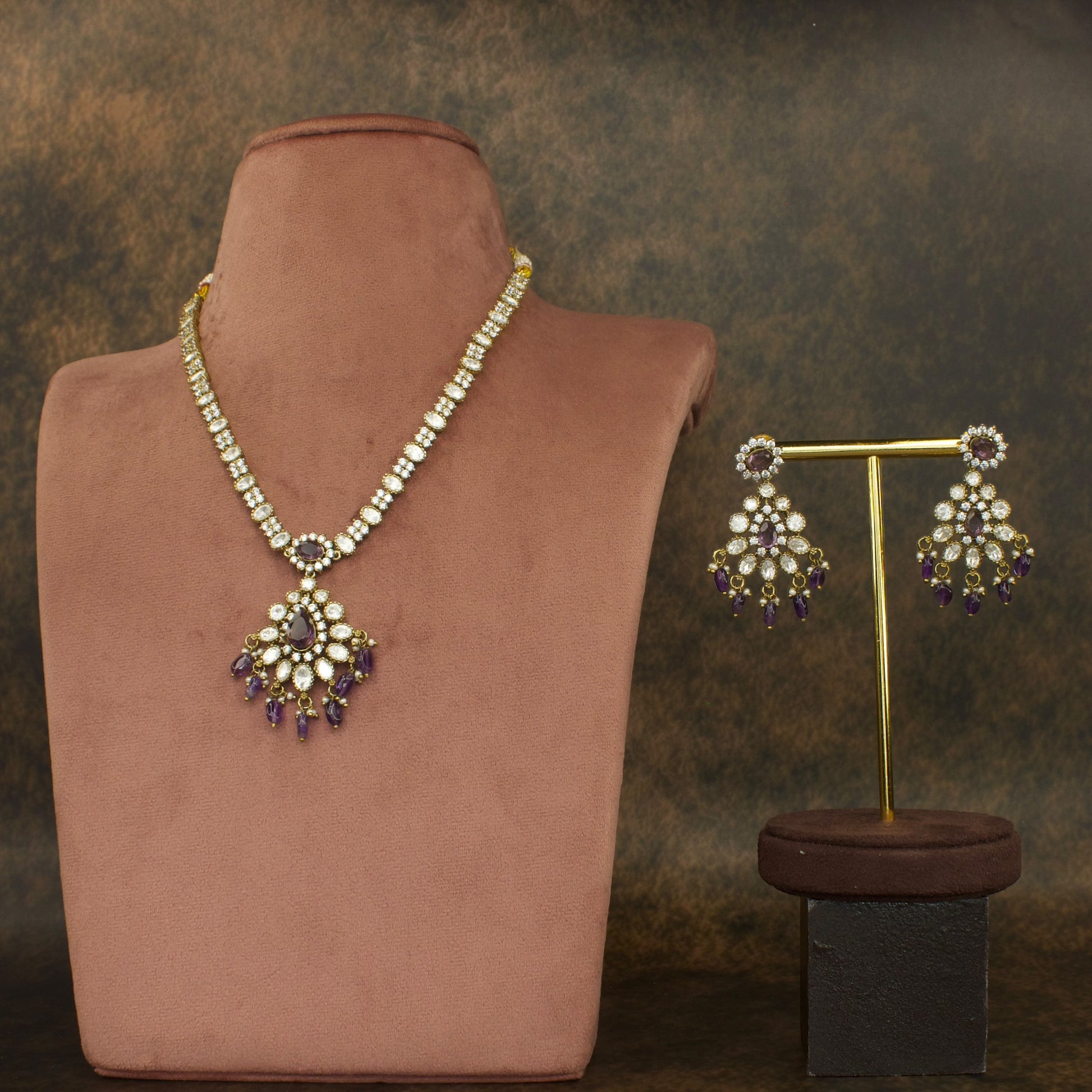 Sleek Victorian finish polki necklace set with High Quality Victorian Finish