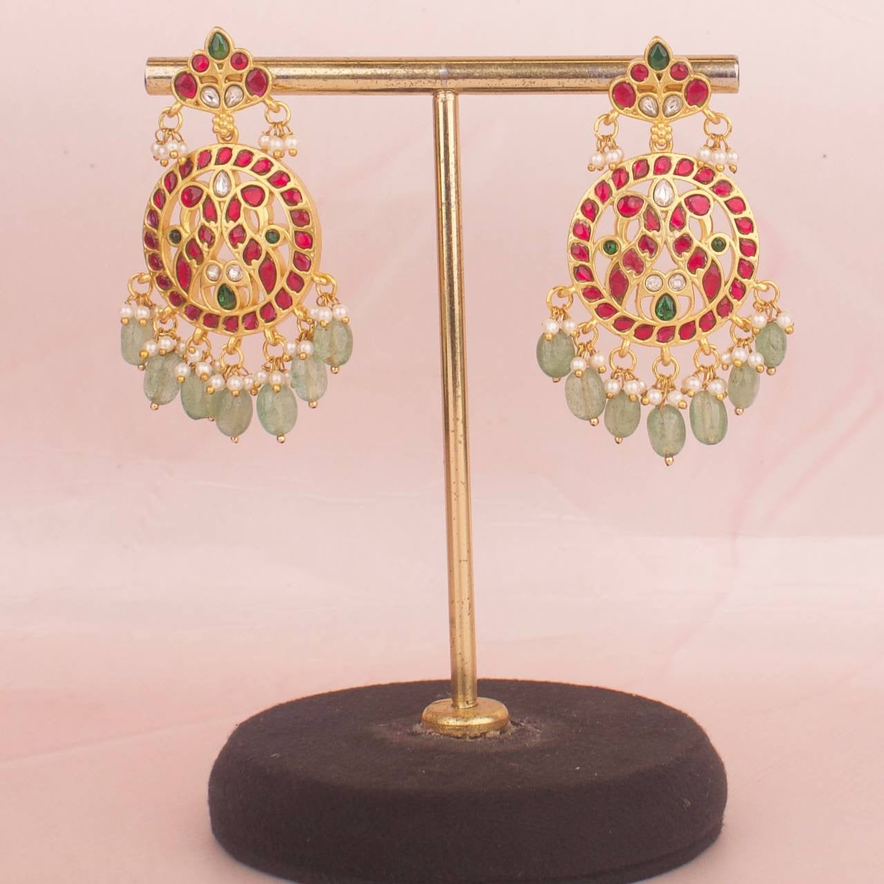 Bridal Jadau Kundan Necklace With Matching Earrings And Green Beads As Droplets