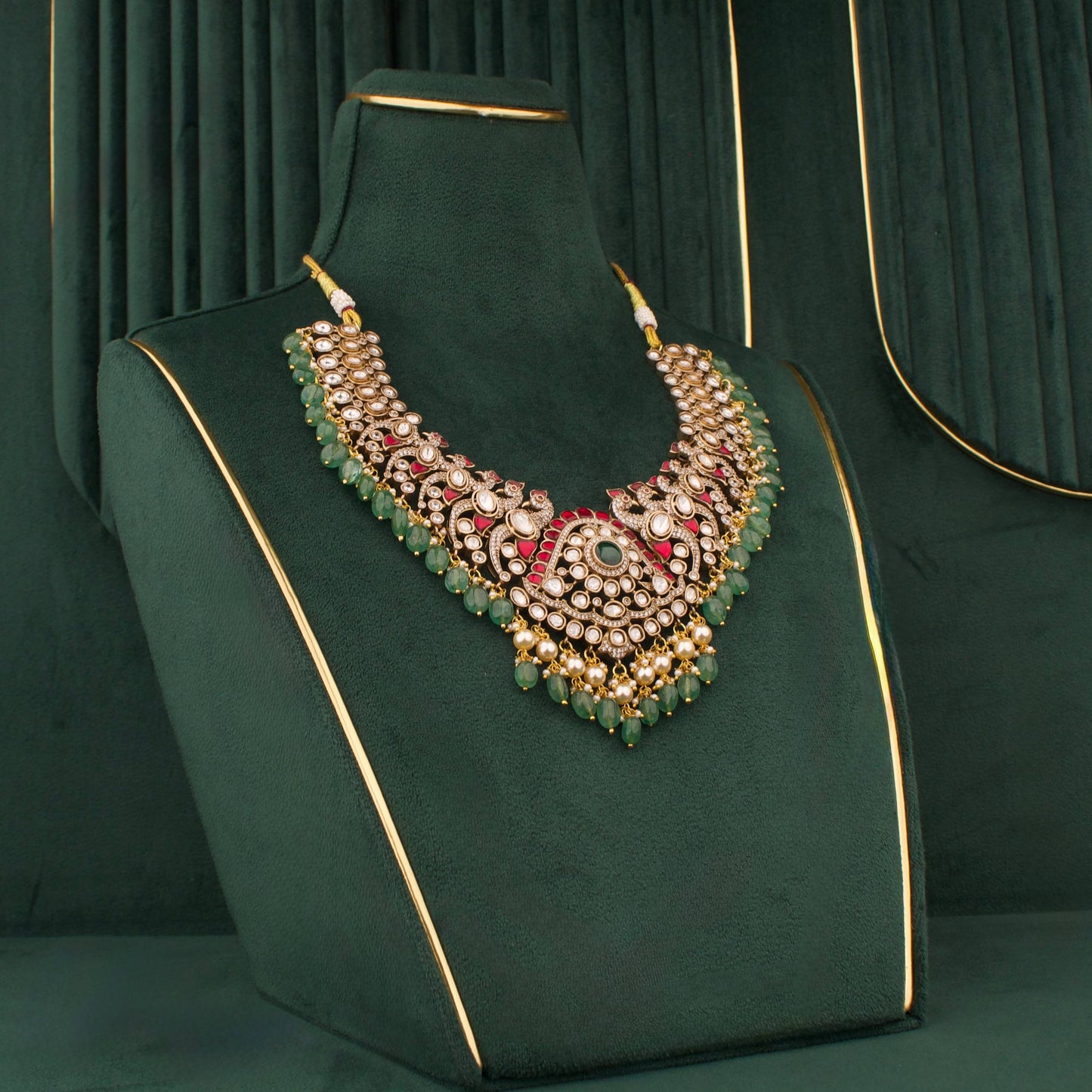 Lavish Victorian Necklace Set with Green Beads And Matching Earrings