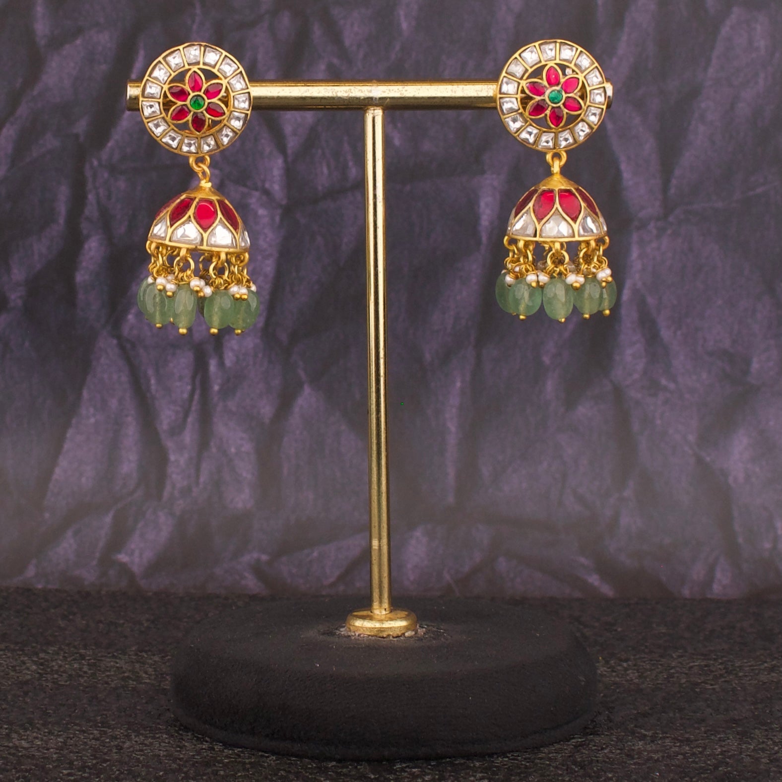 Beauteous Floral Design Studded Jadau Kundan Jhumki - DULHAN JEWELS