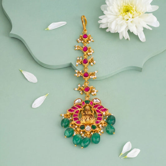 Royal Goddess Lakshmi Jadau Kundan Maang Tikka With Green Drops