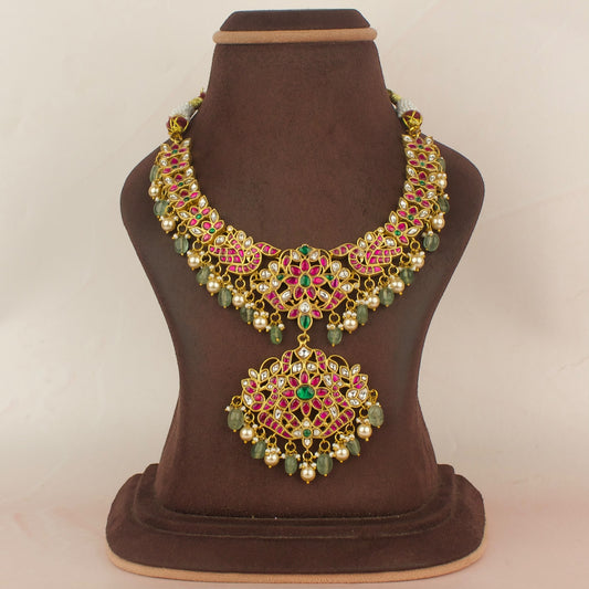 Gold Look Jadau Kundan Necklace With Pearl& Bead Hangings