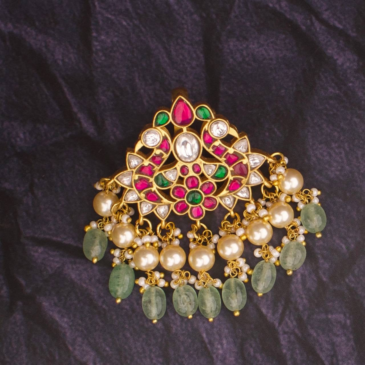 Cute Small Sized Jadau Kundan Pendant With Pearl & Bead Hangings