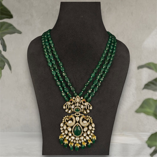 Victorian Bridal Design Onyx beads Mala set with zircon & polki. This Victorian Jewellery Is available in Purple & Green colour varaiants. 