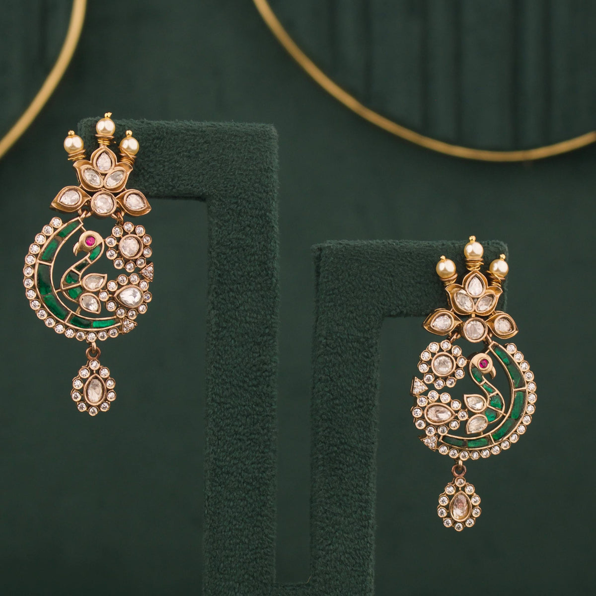 Bridal Peacock Design Fusion Kundan & Polki Victorian Pendant Set Styling Angle View 6 - Dulhan Jewels