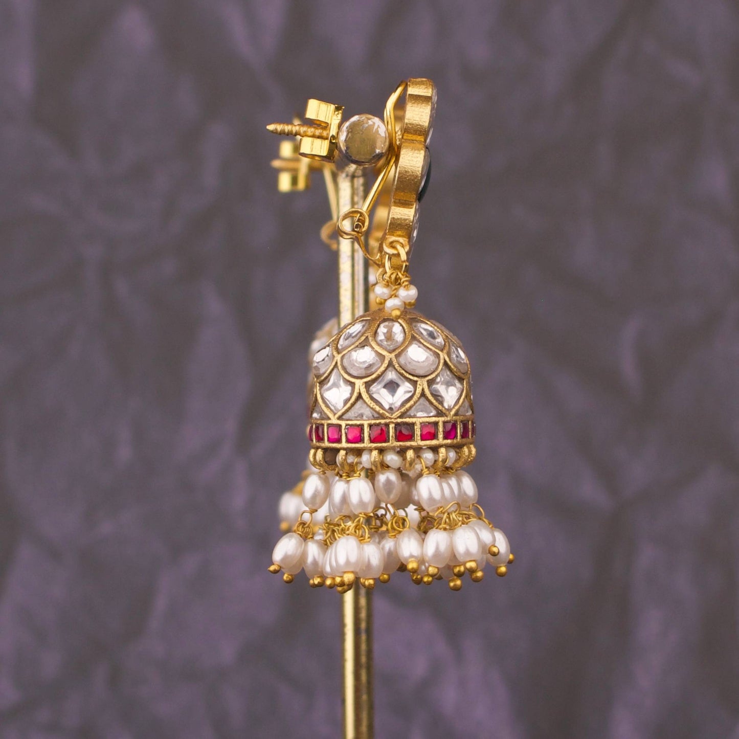 Floral Jadau Kundan Jhumka Earrings With Pearl Hangings