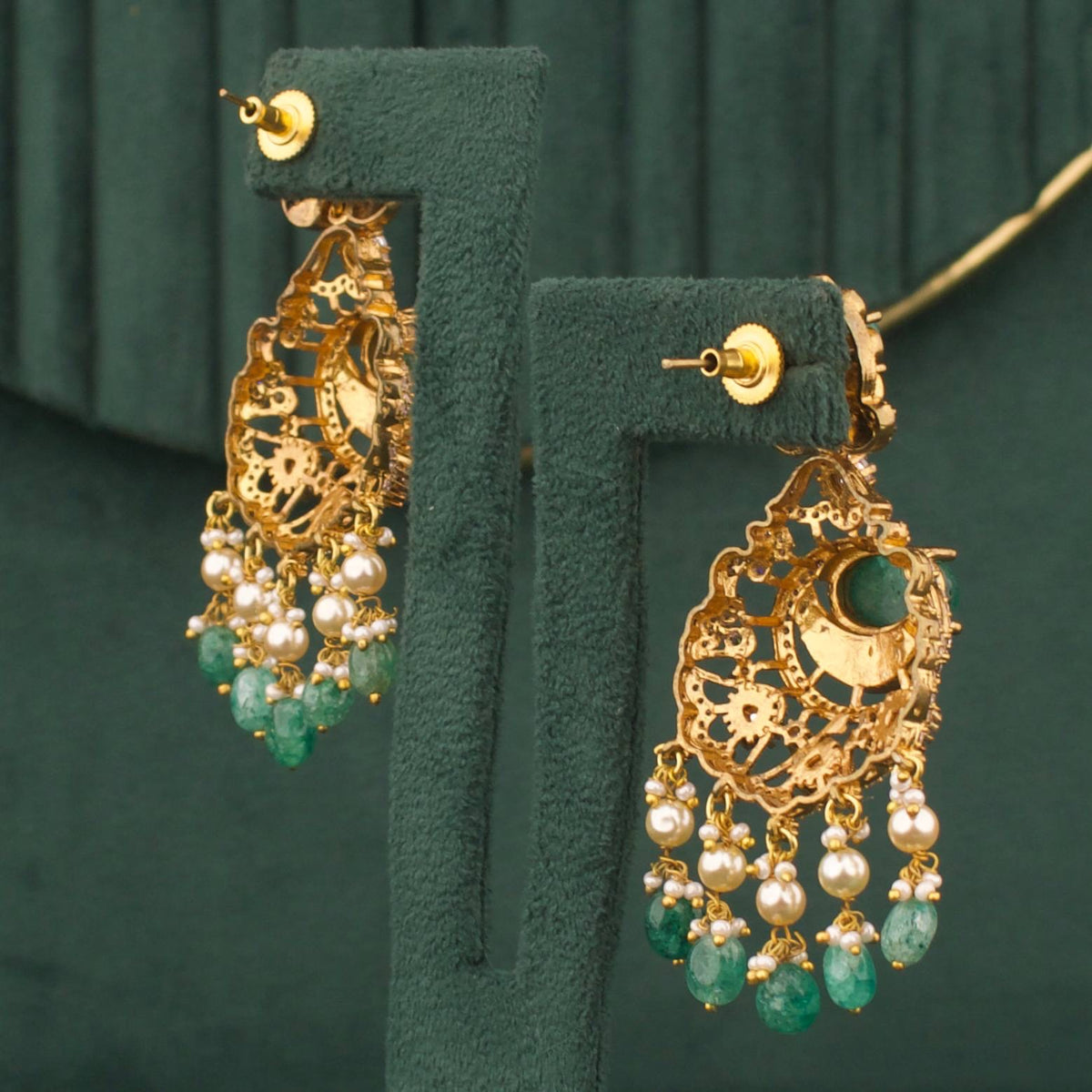 Mehandi Victorian Fusion Kundan & Polki Chandbali Earrings