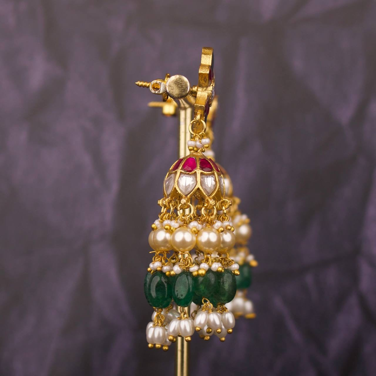Hand Crafted Jadau Kundan Jhumki Earrings With Guttapusalu Hangings