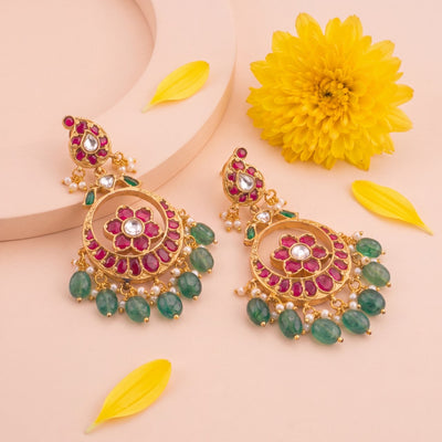 Jadau Kundan Floral Chandbali Earrings - Handcrafted Indian Bridal Jewelry by Dulhan Jewels