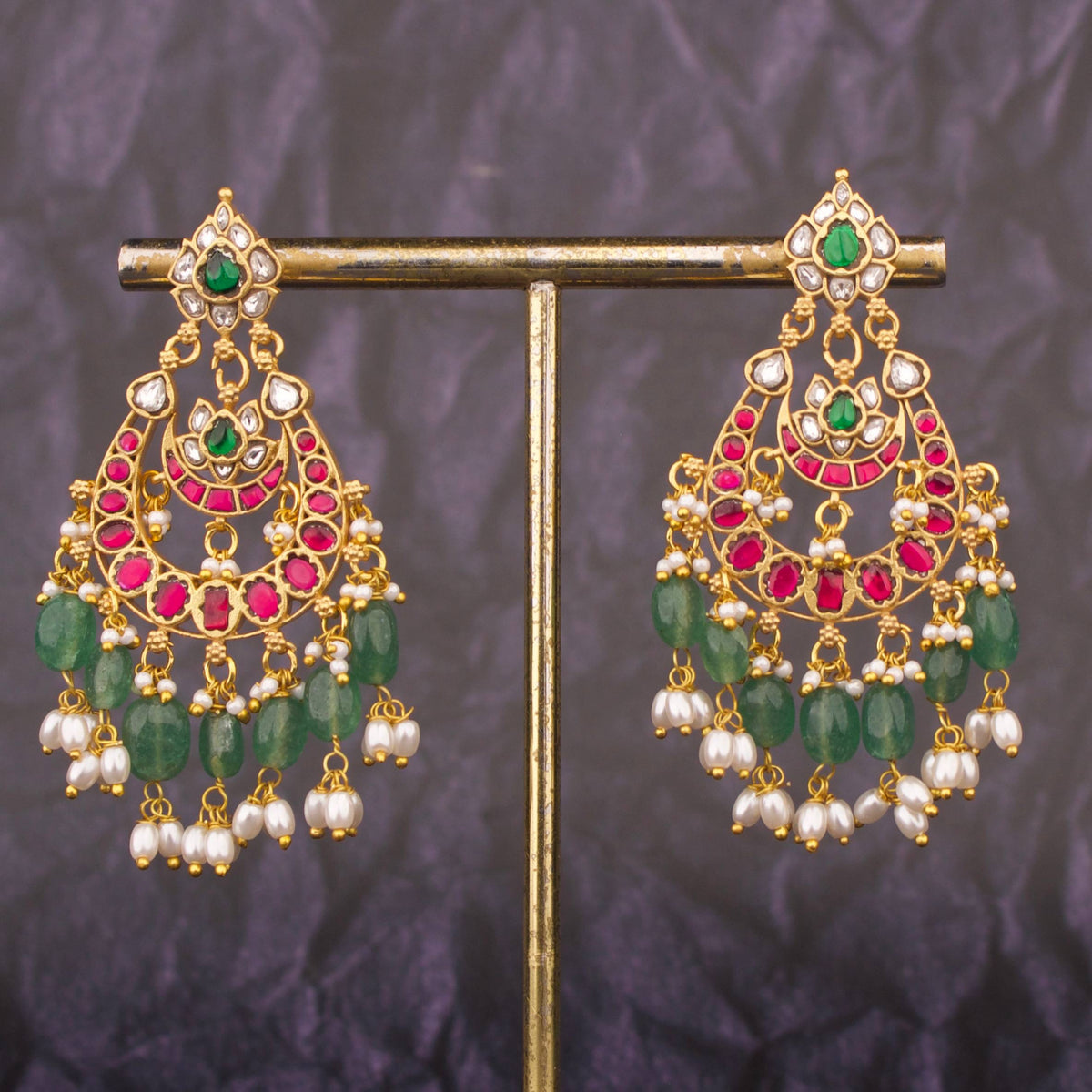 Bridal Chandbali Earrings With Multi-Layer Pearls And Emerald Drops