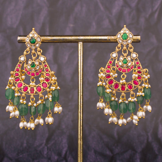 Bridal Chandbali Earrings With Multi-Layer Pearls And Emerald Drops