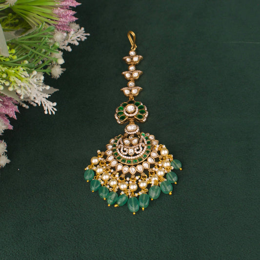 Premium Elegant Victorian Maang Tikka With Pearl And Emerald Hangings for traditional celebrations