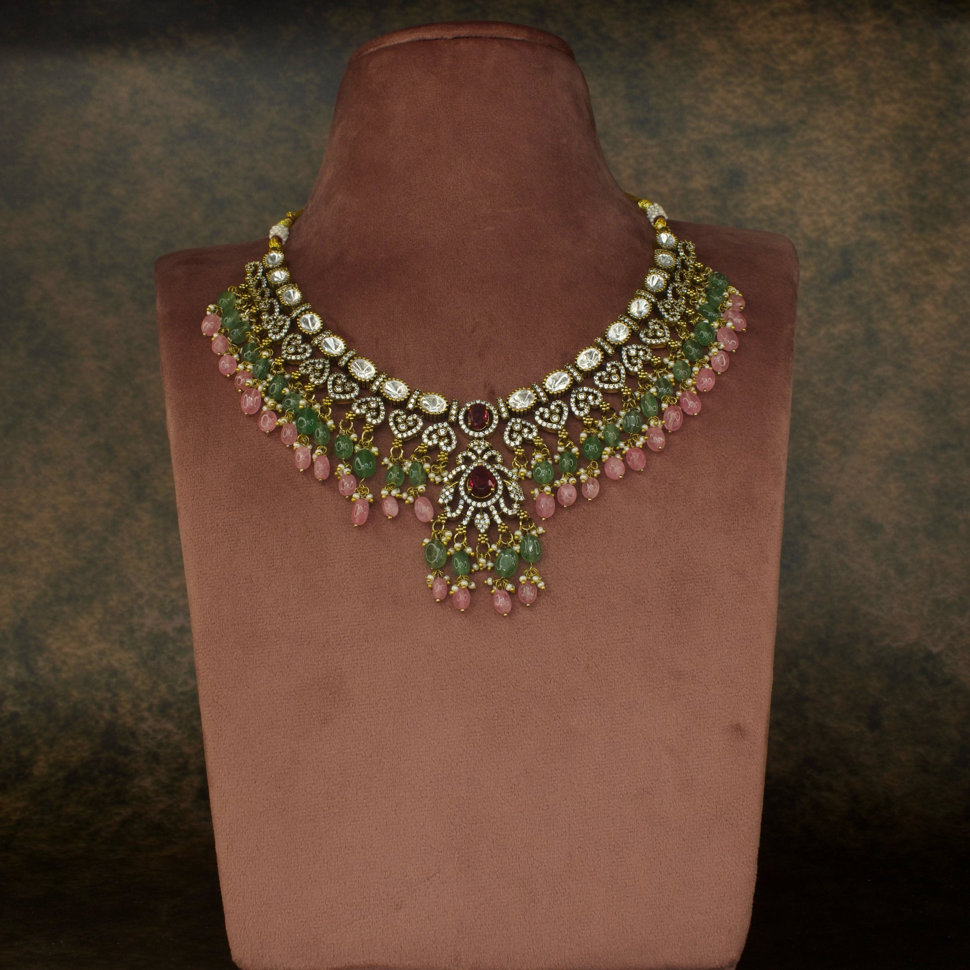 Scintillating Polki Victorian Necklace Set with High Quality Victorian Finish. This product belongs to Victorian Jewellery category