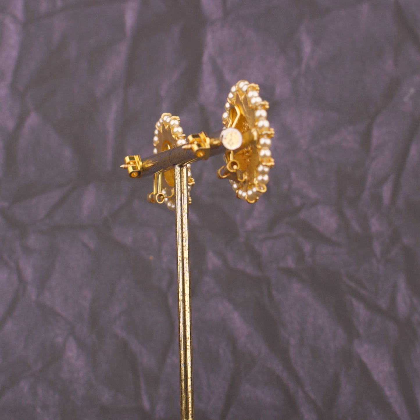 Antique Finish Temple Style Jadau Kundan Stud Earrings With Pearl Border