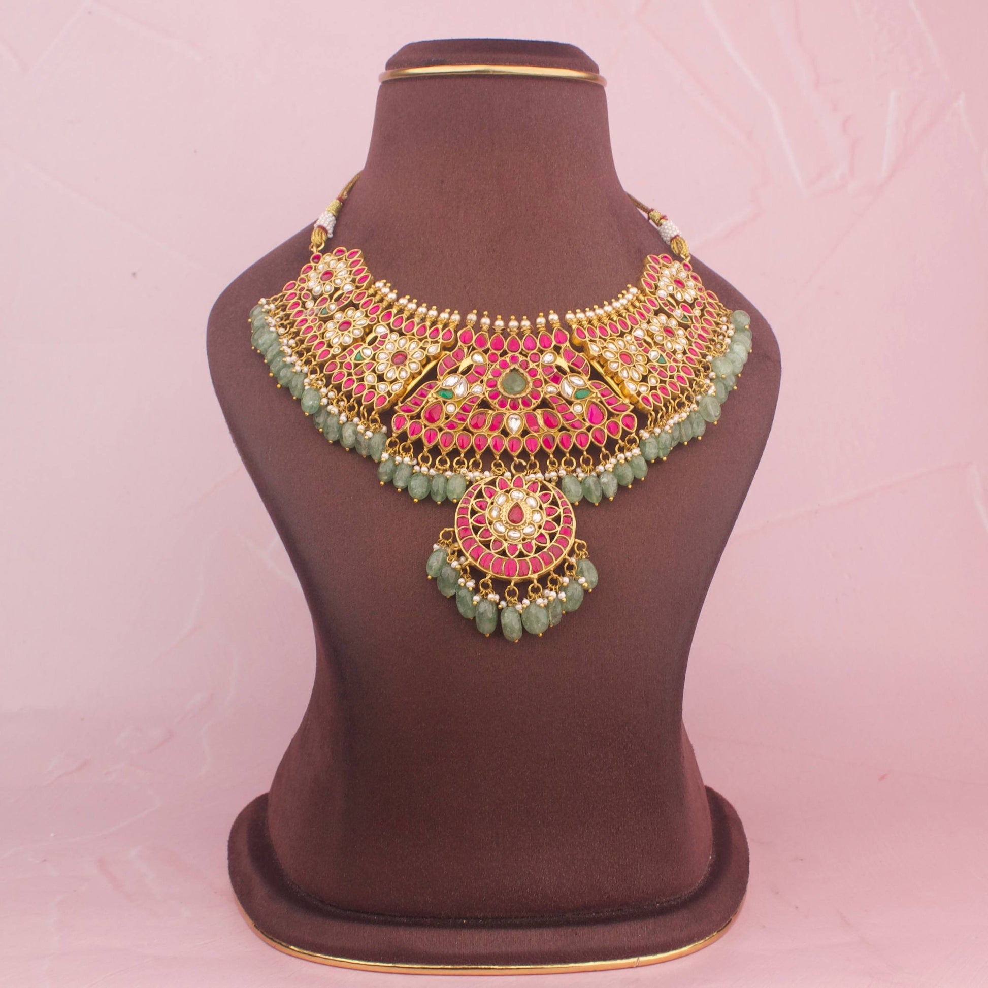 Classic Jadau Kundan Short Necklace With Green Beads - Premium Indian Ethnic Jewelry | Dulhan Jewels