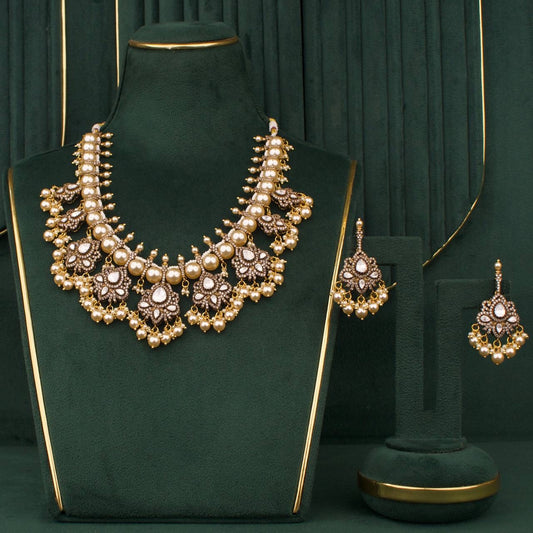 Designer Polki Swarovski Pearl Victorian Necklace Set With Matching Earrings
