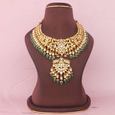 Refined Jadau Kundan Necklace With Emerald Drops