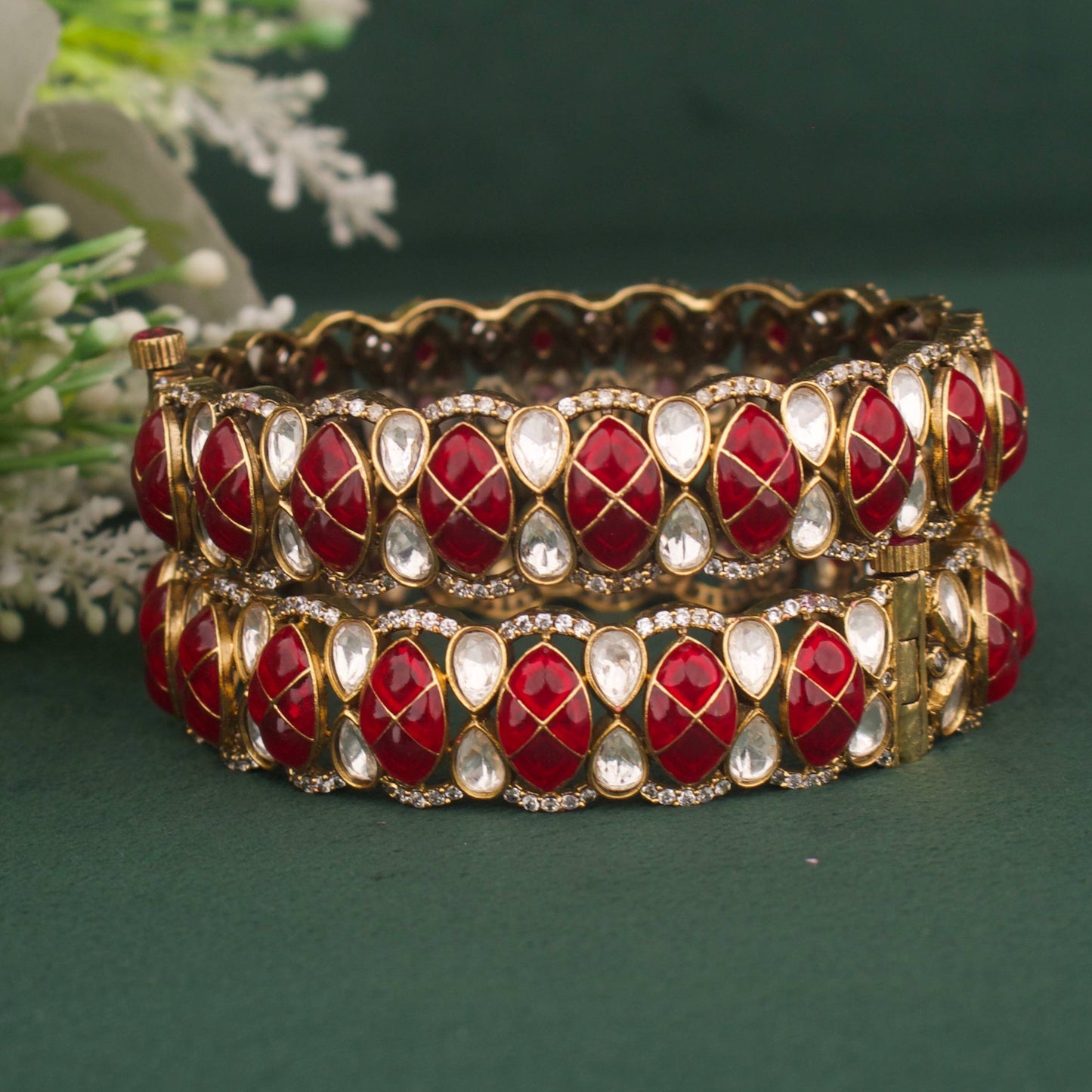 Backing & Workmanship Detail of Elegant Design Fusion Kundan & Polki Victorian Bangles | Dulhan Jewels