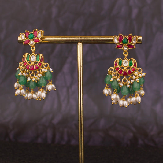 Lotus Studded Chandbali Hanging Earrings
