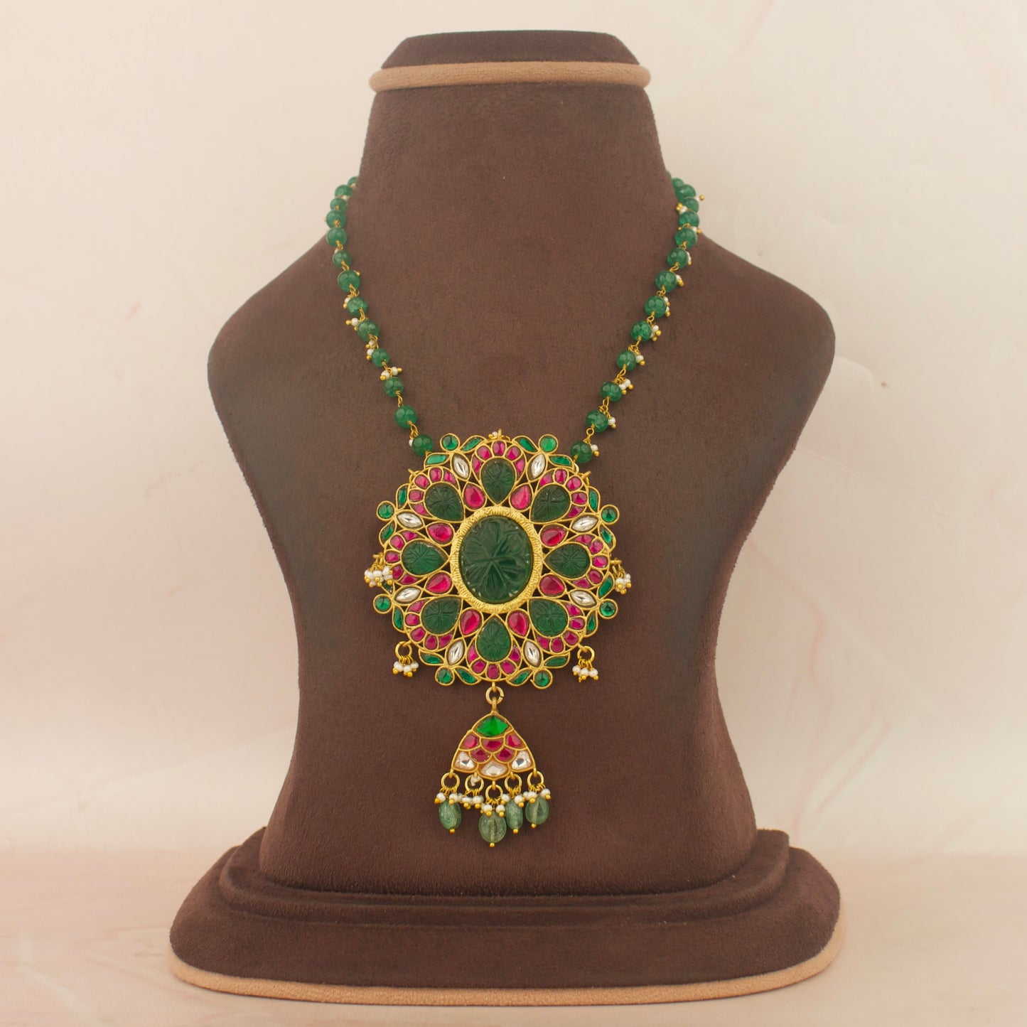 Gold Look Jadau Kundan Locket With Beads Hangings