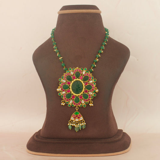 Gold Look Jadau Kundan Locket With Beads Hangings