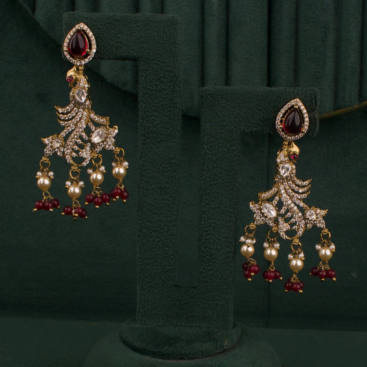 Peacock Design Polki Victorian Short Necklace / Kanti With Matching Earrings