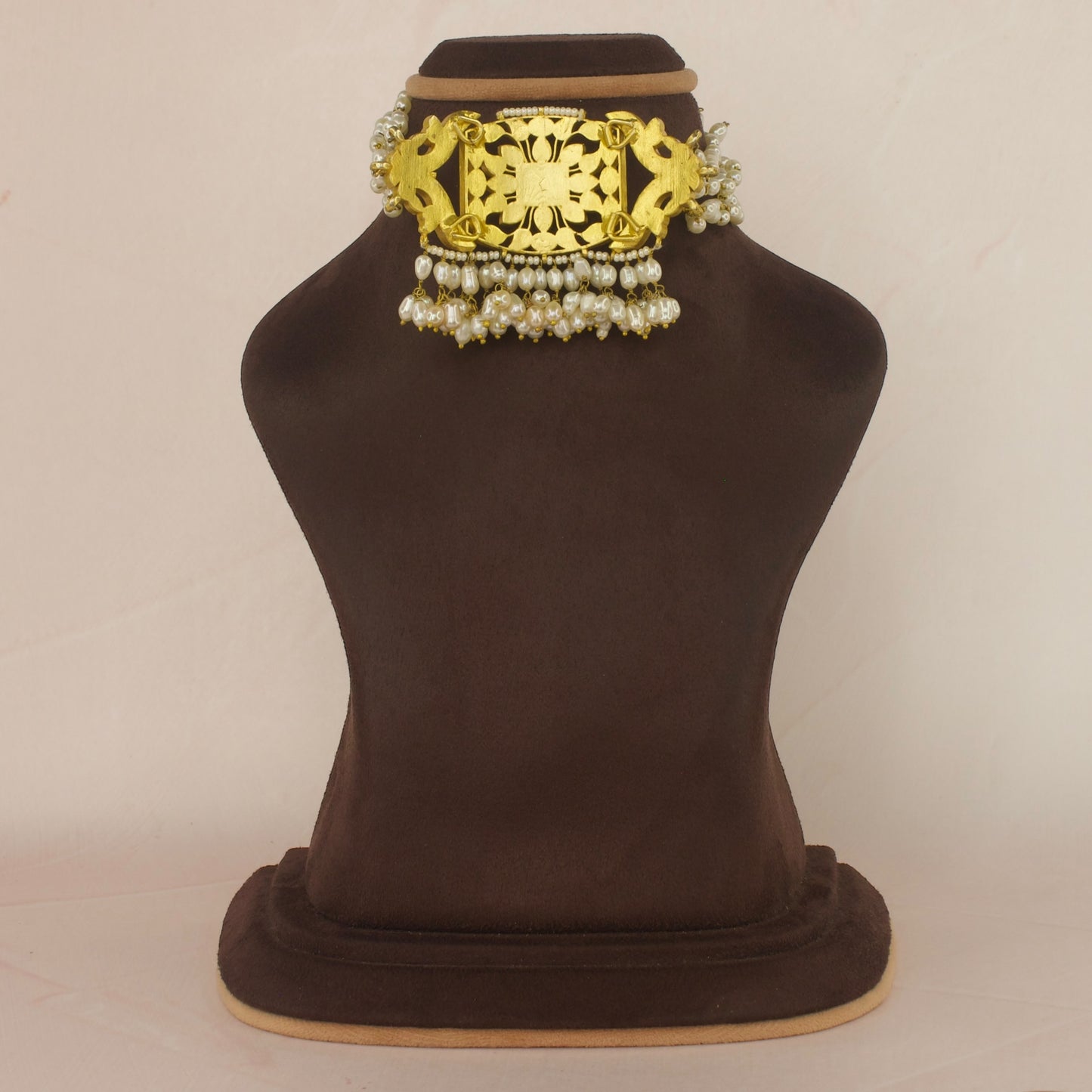 Traditional Jadau Kundan Choker Necklace with rice pearls with 22k Gold plating 