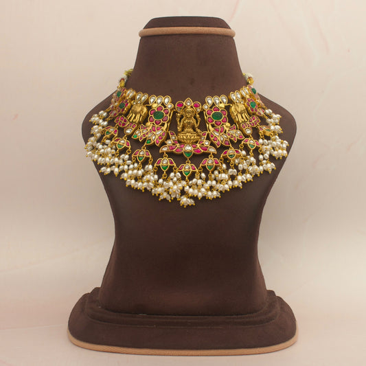 Divine Laxmi Devi Necklace + Choker with ricepearl Hangings