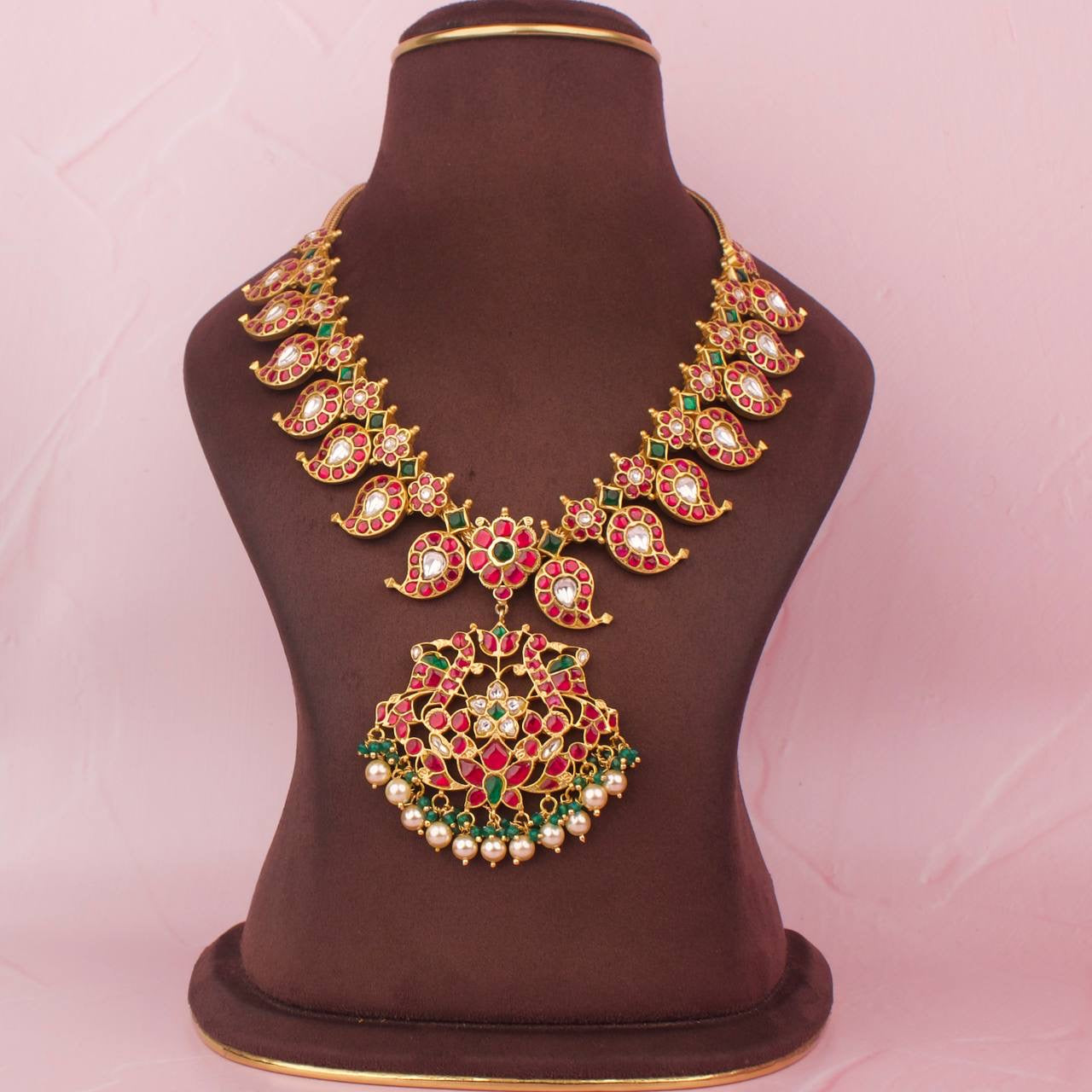 Bridal Jadua Kundan Mango Necklace With Swarovski Pearl Hangings
