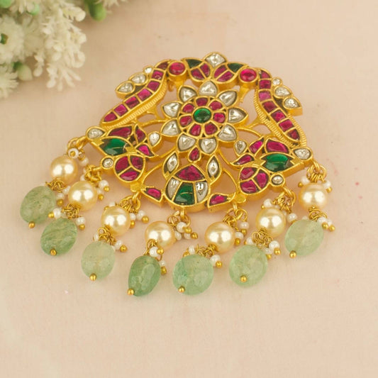 Classic jadau locket with guttapusalu hanging, gold tone with green beads