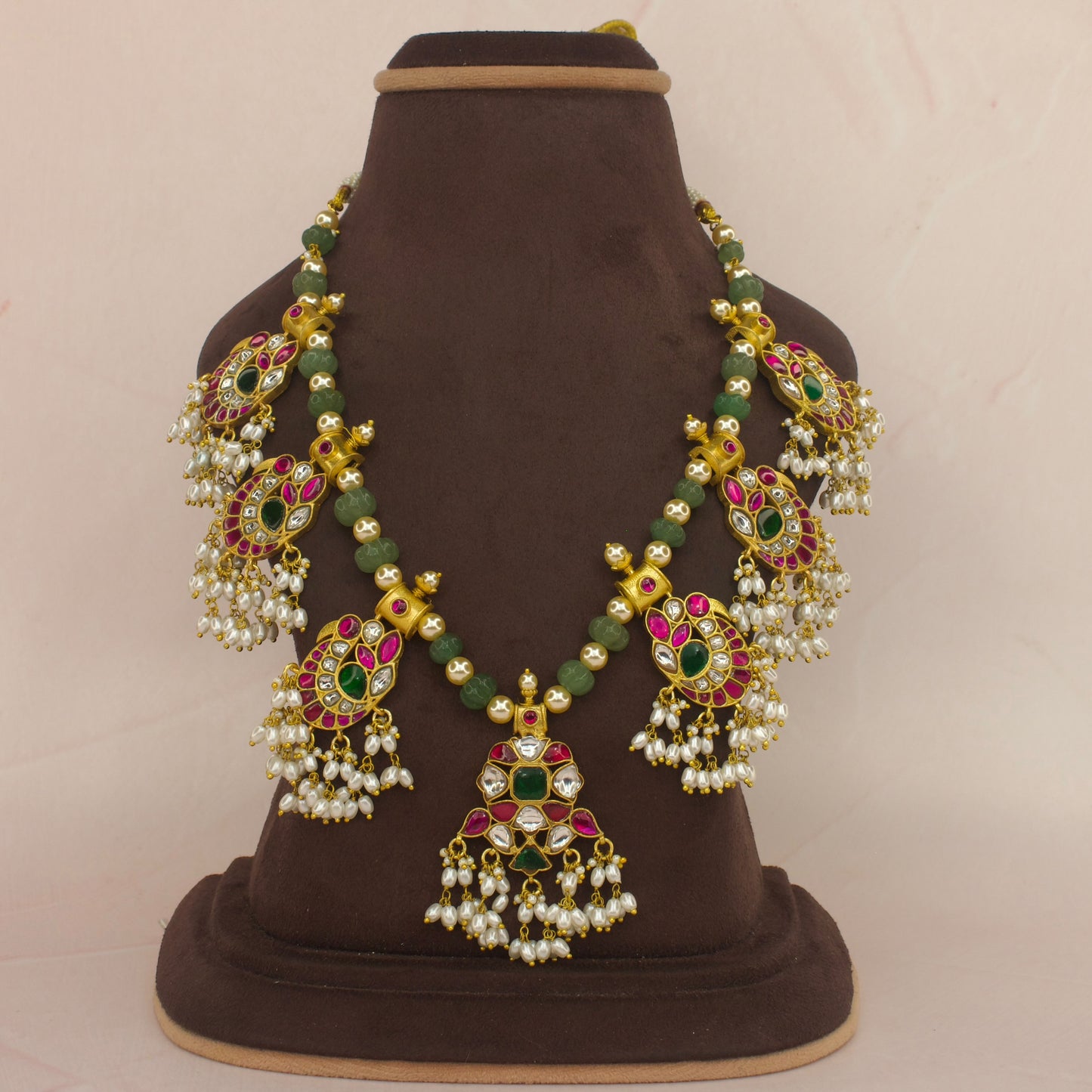 Green beads and pearl jadau kundan necklace with 22k gold plating