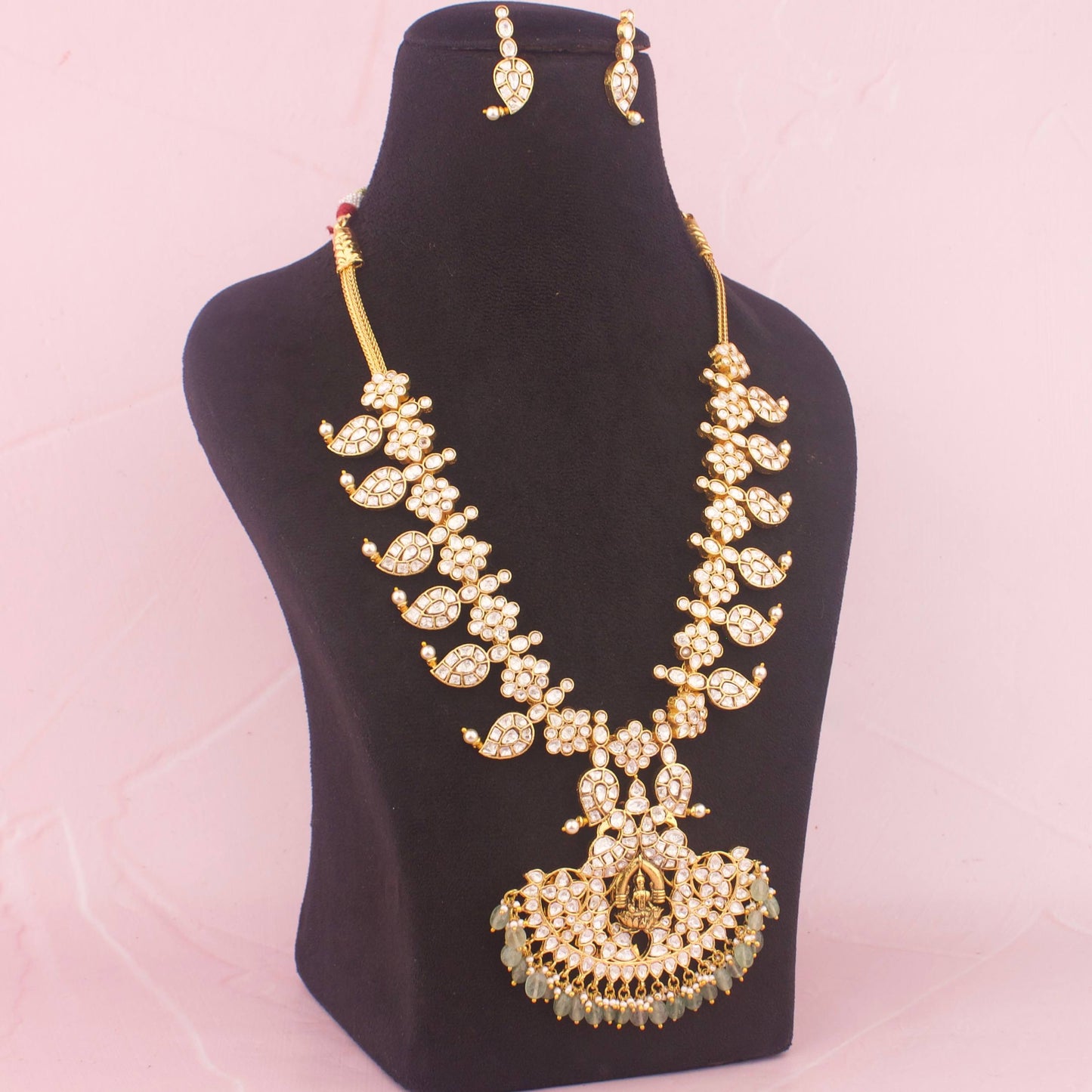 South Indian Mossanite Mango Necklace Set with Green Drops Craftsmanship & Detail View - Dulhan Jewels