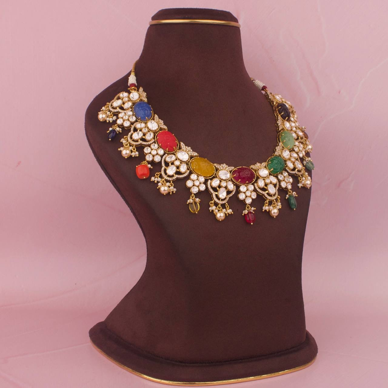 Royal Navratna Moissanite Polki Pure 925 Silver Gold Plated Necklace