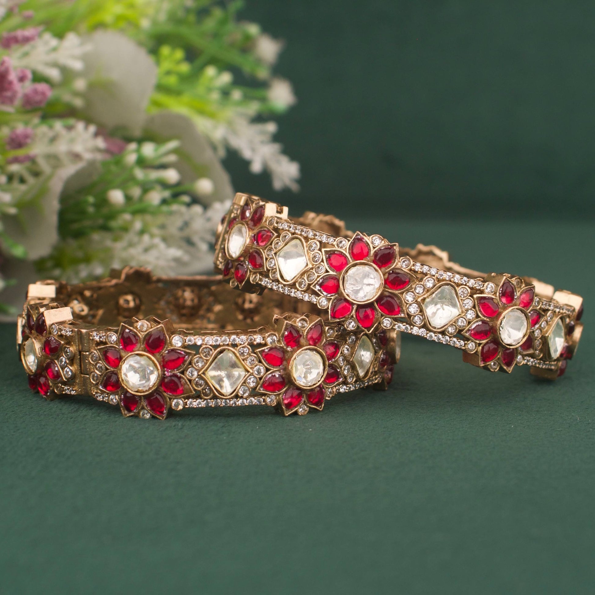 Floral Design Fusion Kundan & Polki Mehandi Victorian Bangles - Premium Indian Ethnic Jewelry | Dulhan Jewels