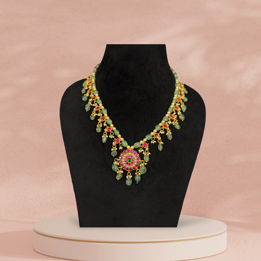 Beautiful Floral Locket Jadau Kundan Beads Necklace