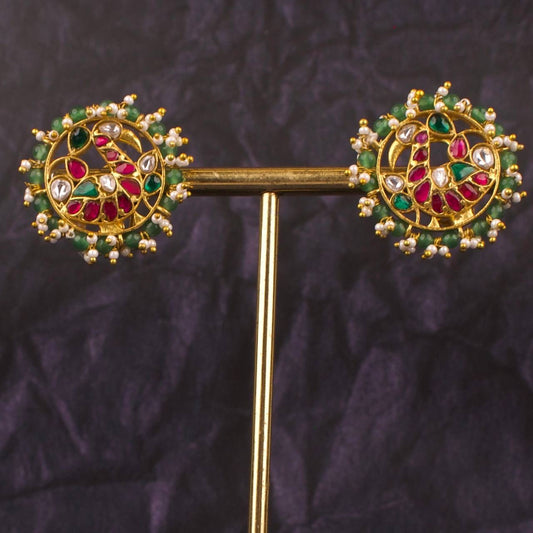Peacock Studded Jadau Kundan Earrings With Pearl & Bead Bordering
