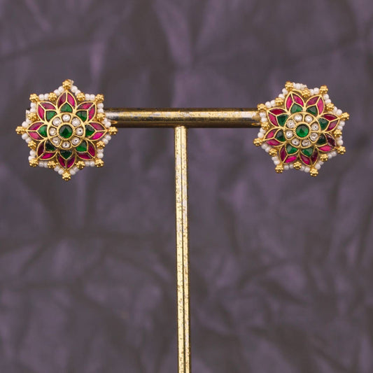 Floral Jadau Kundan Stud Earrings With Pearl Detailing